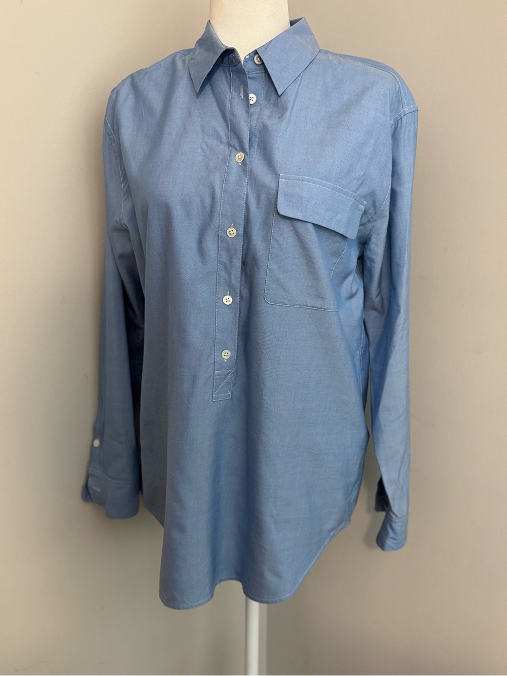 Equipment Femme 100% Silk Popover Blouse Blue Long Sleeve Pocket Top M